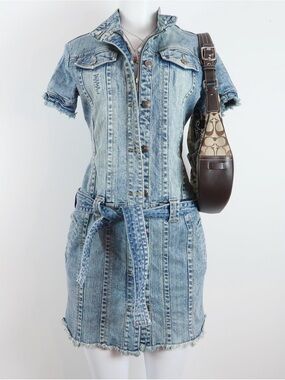 Y2k Light Blue Denim Dress - Casual Button-Front Jean Dress